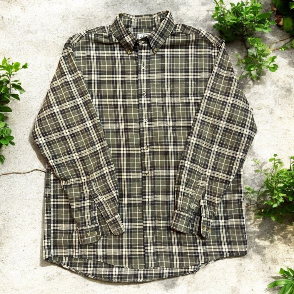 L.L. Bean Vintage Olive Green Plaid Flannel Button Front Shirt Men's Size Large